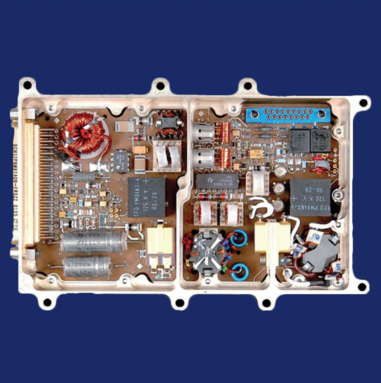 A close-up view of an 60-90 WRF GaN solid state power amplifier for space applications.