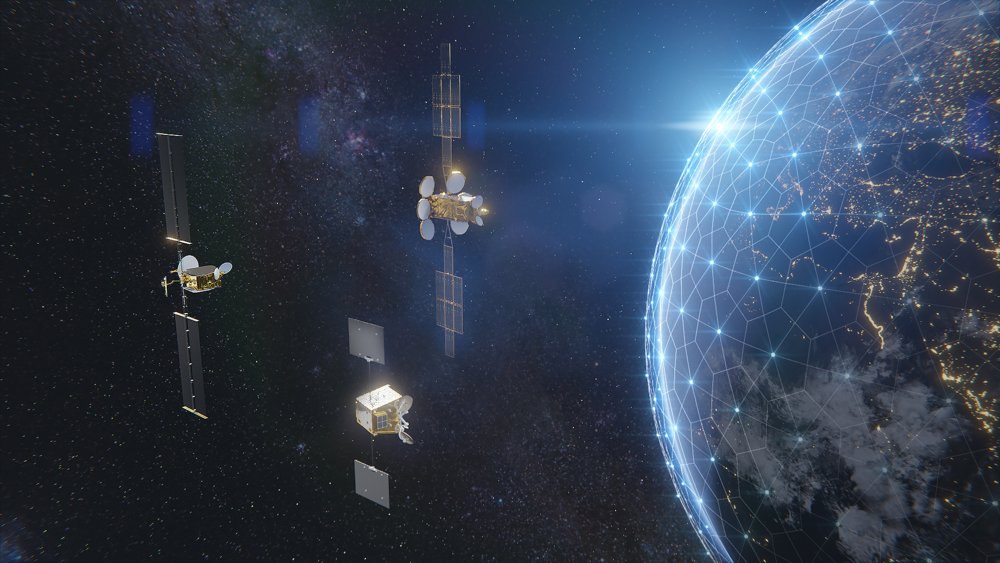 A computer rendering showing three Airbus-produced OneSat satellites orbiting Earth.  