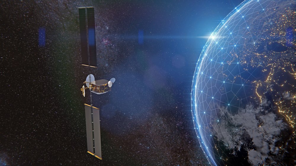 A computer rendering of the Airbus-produced OneSat telecommunications satellite, which is fully reconfigurable in orbit.  