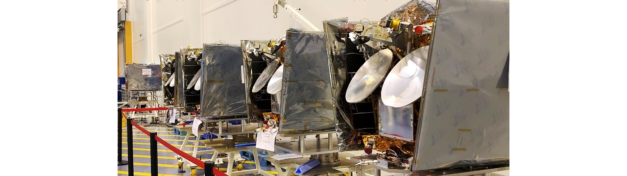 The first batch of Airbus-produced OneWeb satellites is lined up for transport to the launch site.  