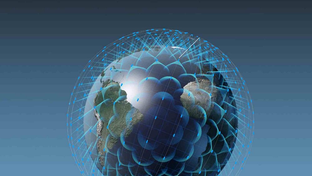 A representative graphic showing telecommunications satellites orbiting Earth.  