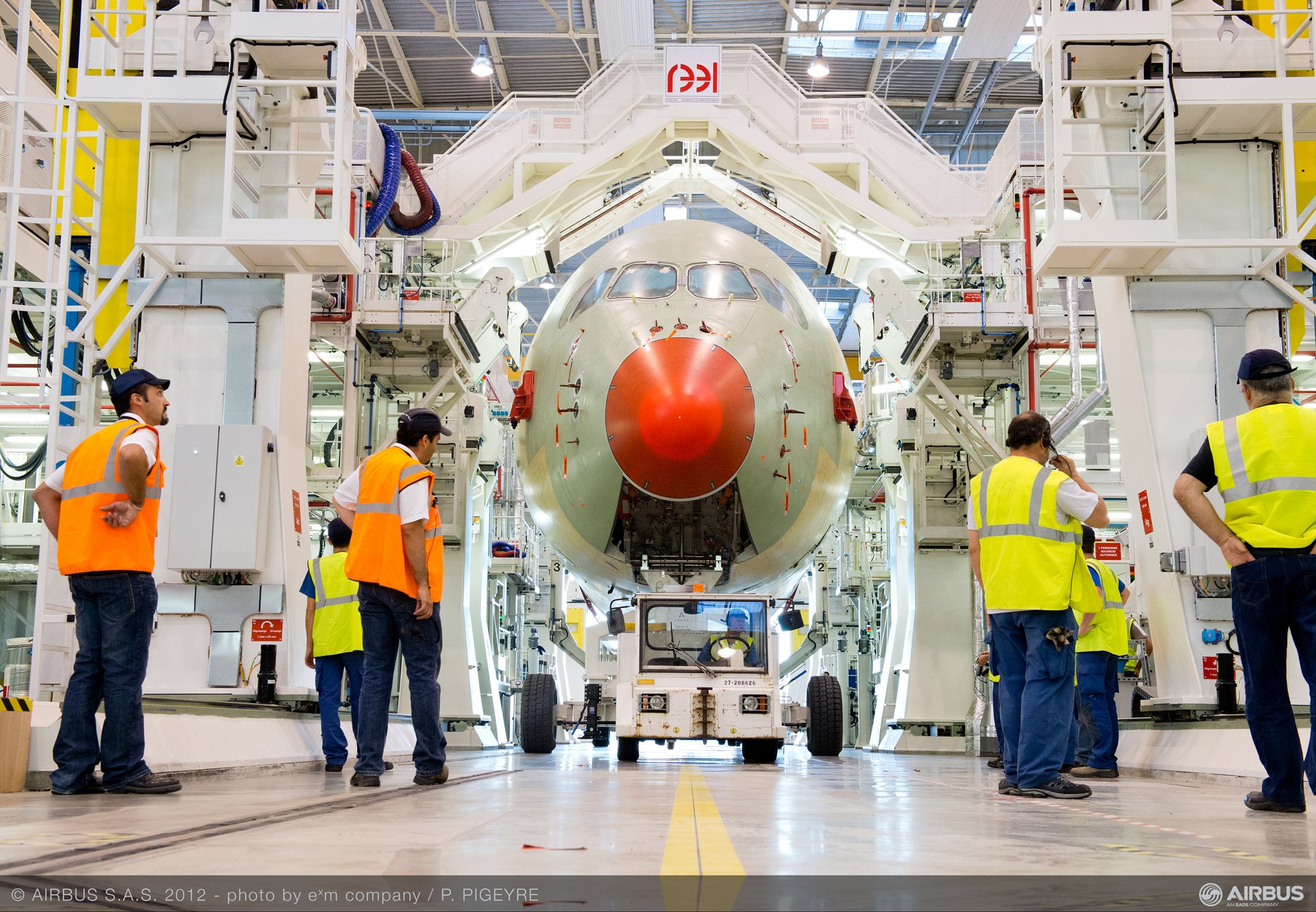 The nose section of Airbus’ first A350 XWB to fly is transported to the Station 50 fuselage join-up position of the purpose-built final assembly line at Toulouse, France.