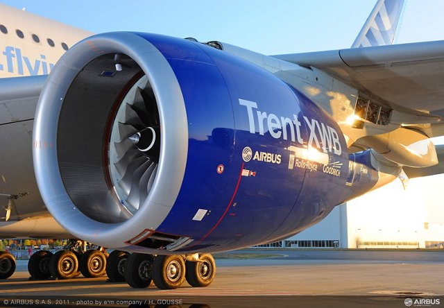第一架劳斯莱斯Trent XWB飞行测试引擎安装在A380“飞行测试平台”上，完成于空中客车公司位于图卢兹的Jean-Luc Lagardère网站(2011年10月18日)乐动体育app靠谱吗