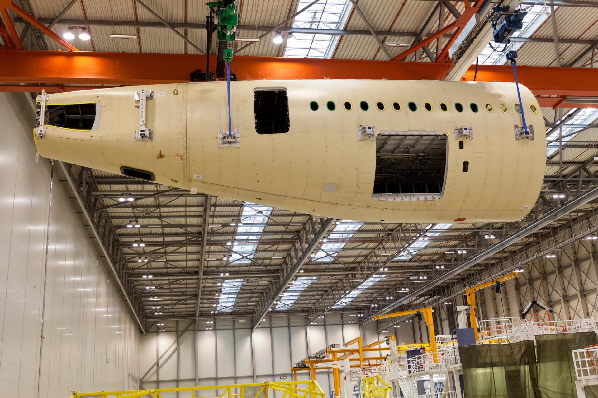 First A350 XWB aft fuselage built. Structural assembly of the first A350 XWB aft fuselage destined for the first flying A350 XWB (MSN1) has been completed at Airbus’ manufacturing site in Hamburg, Germany.