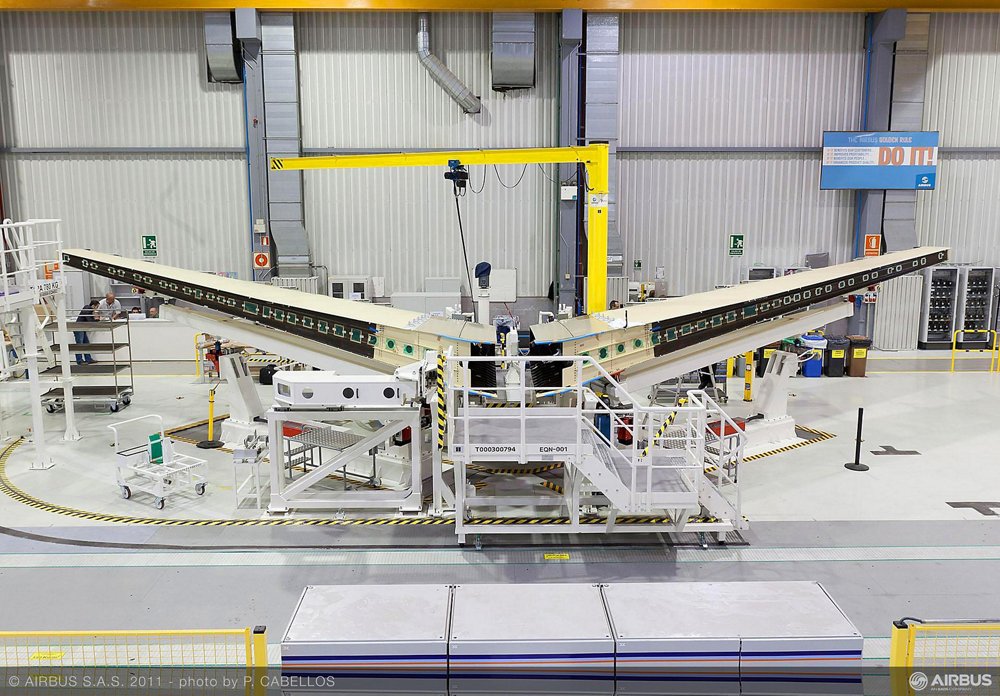 Assembly of the initial A350 XWB horizontal tailplane was commenced by Airbus in Getafe, Spain (24 October 2011)