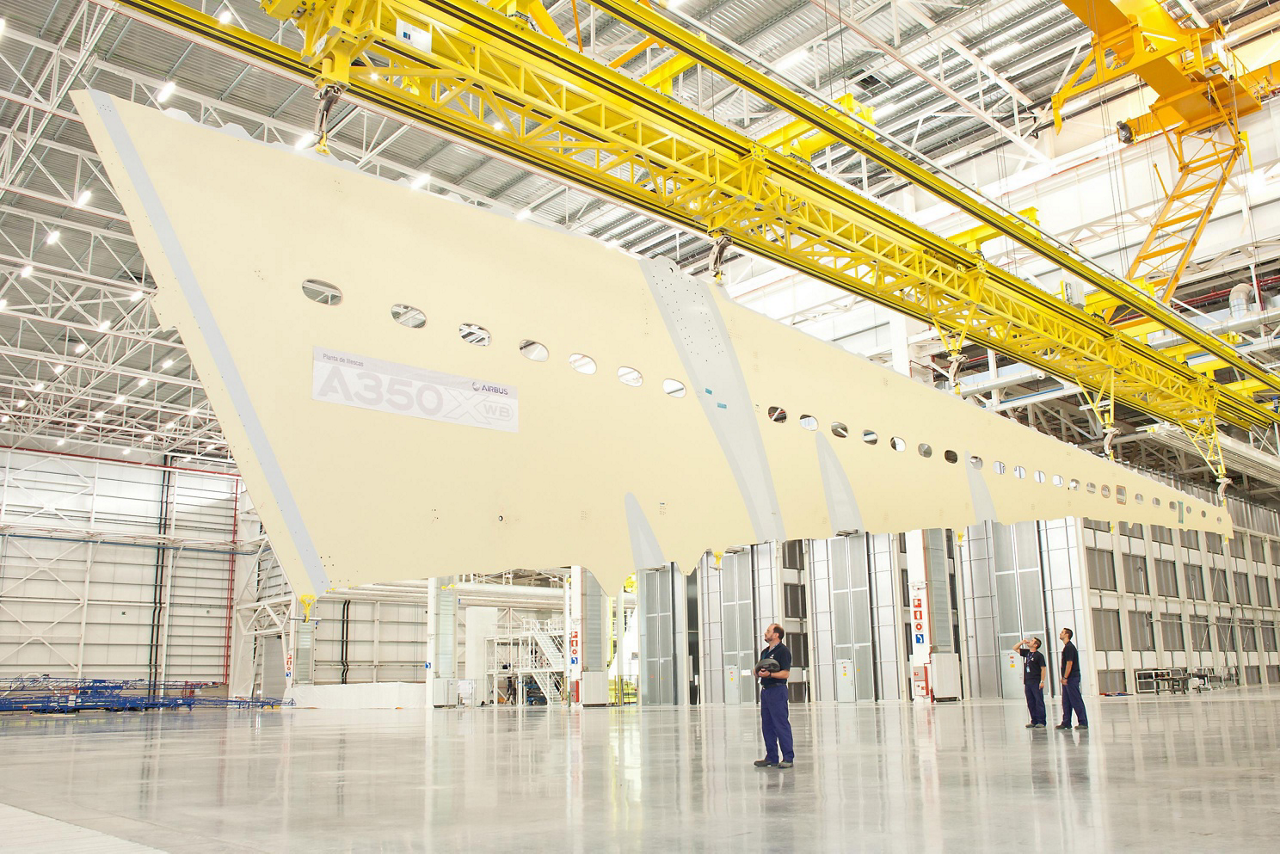 The first A350 XWB lower wing cover is shown inside Airbus’ composites manufacturing site in Spain
