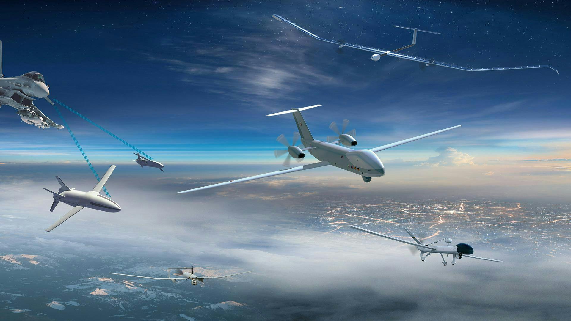 This distributed network of intelligence connects unmanned aerial systems, enabling them to act as force multipliers for the manned aircraft. 