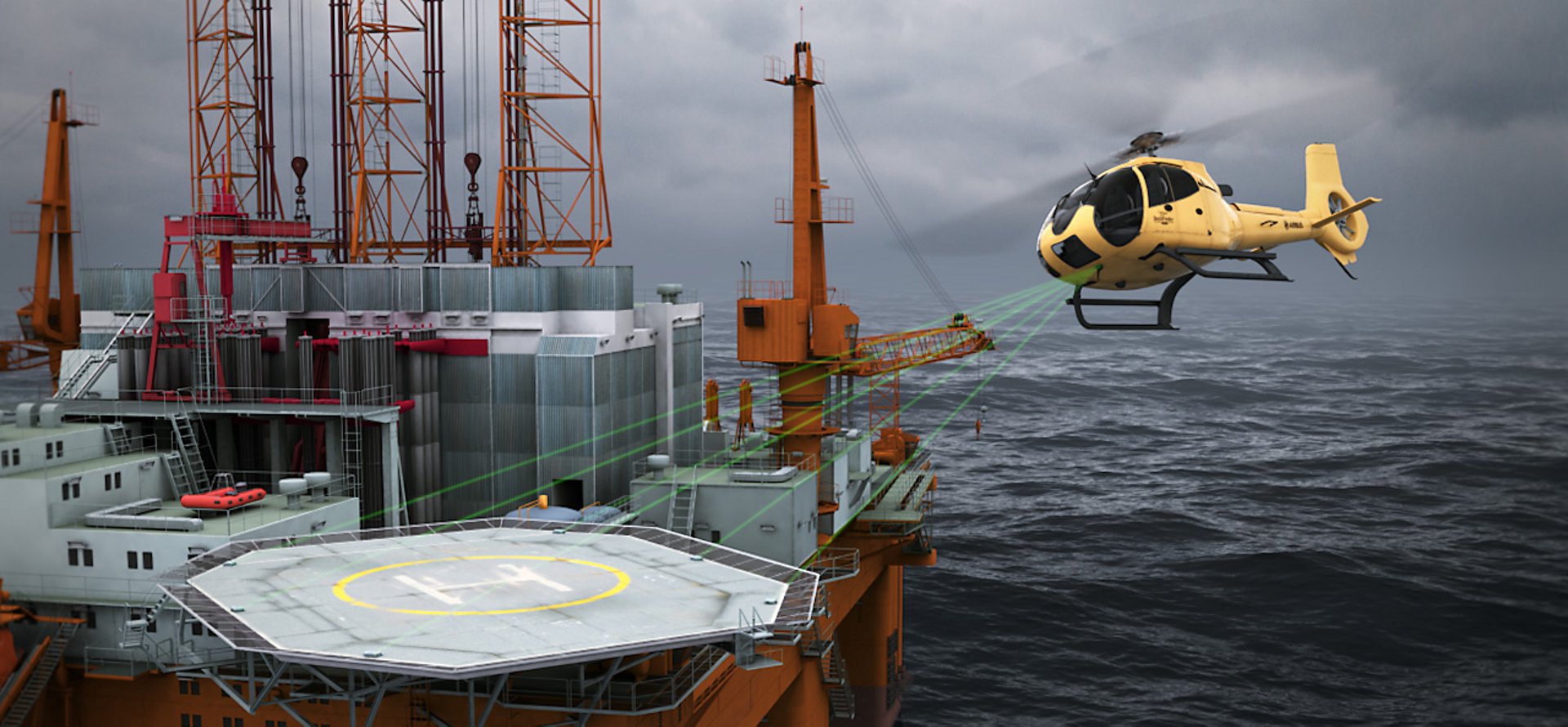 一架直升机使用空中客车的DeckFinder本地定位系统降落在海乐动体育app靠谱吗上直升机停机坪。
