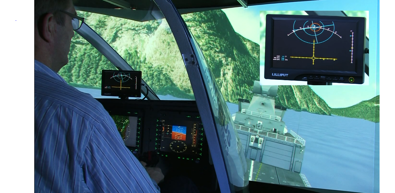 Inside view of a DeckFinder-equipped rotorcraft, with a display module providing landing guidance. 