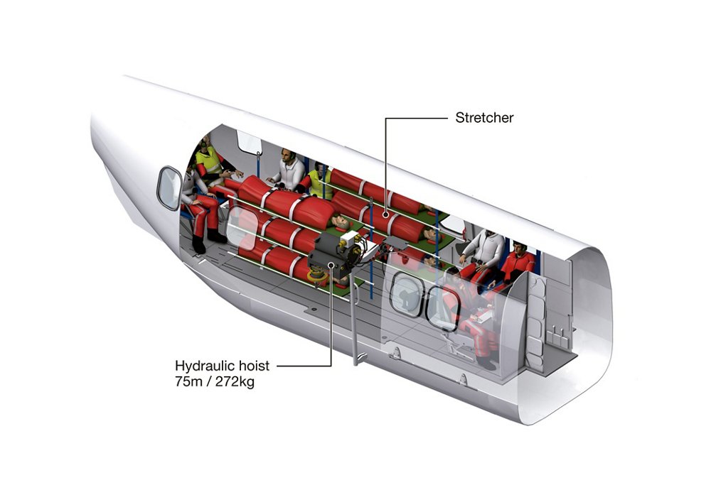 Diagram of an Airbus H215 helicopter cabin outfitted for medical evacuation (Medevac) operations. 